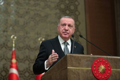 El presidente turco Recep Tayyip Erdogan habla durante un seminario en Ankara este jueves.
