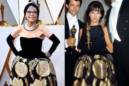 Rita Moreno, en la alfombra roja de los Oscar a sus 86 años y a la derecha, cuando recogió su estatuilla por 'West Side Story'.