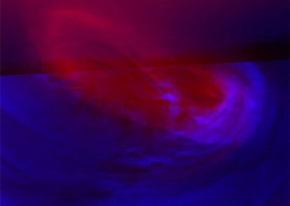 Imagen que muestra el nuevo doble vórtice en la alta atmósfera del polo sur de Venus, descubierto por la sonda Venus Express