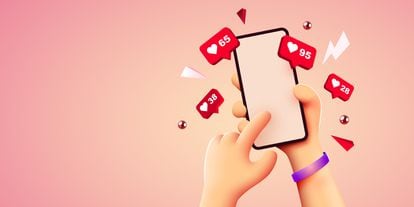 Cute 3D cartoon hand holding mobile smartphone with Likes notification icons. Social media and marketing concept.