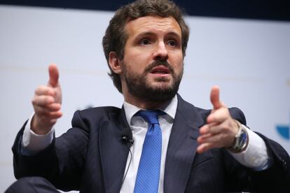 El líder del PP, Pablo Casado, este martes en las jornadas del IV Congreso Iberoamericano en Madrid.