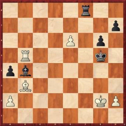 So erró aquí con 33 ...Tf5? (probablemente hubiera hecho tablas tras 33 ..Rf6! 34 Axa4 Ad6) y entró en la trampa 34 Txb4 axb3 35 e7 bxa2 (si 35 ..Te5 36 Tb5! ganando) 36 e8=D a1=D 37 De7+ Rh6 38 Th4+ Th5 39 Df8+ Dg7 40 Df4+ g5 41 Dd6+ Dg6 42 Df8+ Dg7 43 Txh5+, y So se rindió.