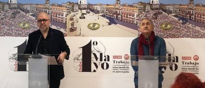 El secretario general de CCOO, Unai Sordo, y el de UGT, Pepe Álvarez, durante la rueda de prensa virtual del Primero de Mayo de 2020.