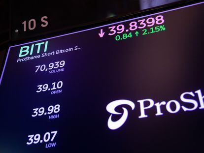 Detalle del precio de ETF ProShares Short Bitcoin Strategy (BITI) en el parqué de la Bolsa de Valores de Nueva York el 27 de junio de 2022.