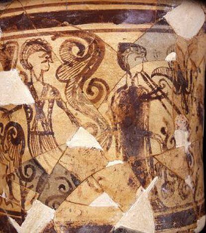 Kalathos del Tossal de Sant Miquel (Llíria), dels segles III-II a. C., amb una dona tocant una flauta doble.