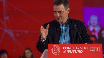 El secretario general del PSOE y presidente del Gobierno, Pedro Sánchez, este sábado en un acto de partido en Mérida.