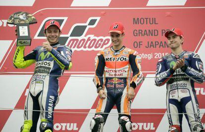 Rossi, Pedrosa y Lorenzo, en el podio del Gran Premio de Jap&oacute;n.
