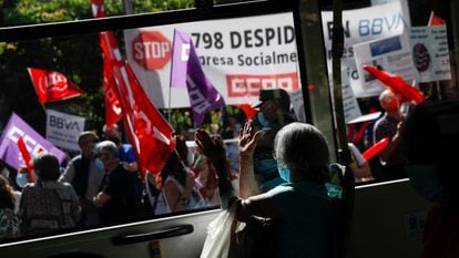 Protestas en Madrid contra el plan de despidos del BBVA, el pasado 2 de junio.