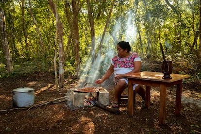 La voz cacao para nombrar al árbol y su semilla deriva del maya 'kakaw', pero fue nahuatlizada con la adición del sufijo –atl. En la imagen, Leonila Nahuat Tun tuesta las semillas de cacao para la celebración del día de los muertos en la comunidad Xocén, en Yucatán, en 2021.