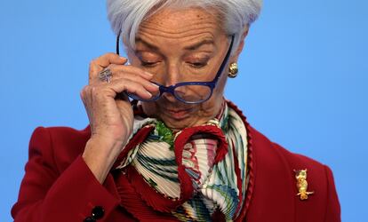 Christine Lagarde, presidenta del BCE, ayer durante la rueda de prensa.