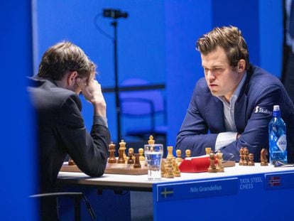 Carlsen, durante su partida de hoy ante Grandelius