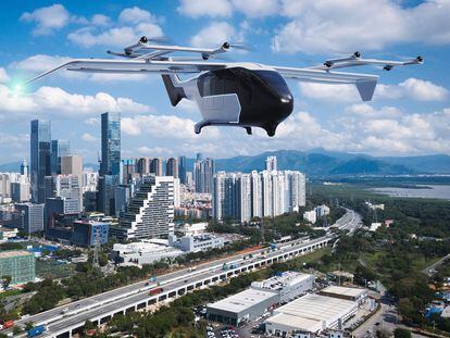 Recreación del vuelo de un dron para transportar seis pasajeros de la empresa española Crisalion Mobility.