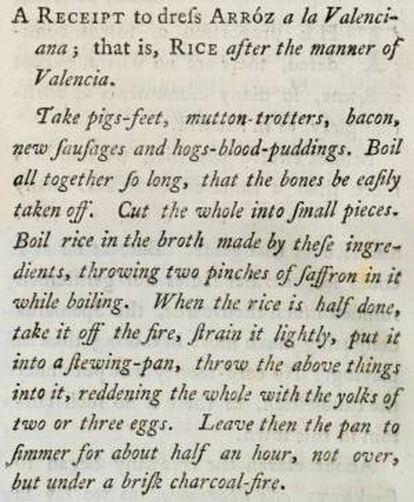 Receta del arroz a la valenciana de Baretti, 1770
