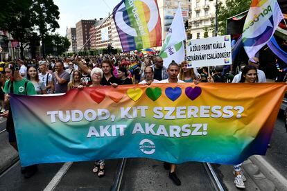 Thousands of people demonstrate in Budapest in July last year against Orbán's anti-LGTBI law.