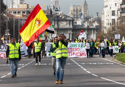 Concentración de agricultores en el centro de Madrid, este miércoles. 