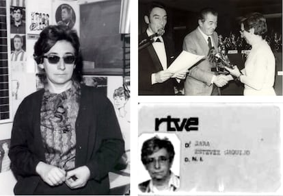 Portrait of Sara Estévez, in the newsroom of Radio Juventud, in Bilbao, and her press card from RTVE. On the right, the journalist delivers an award at Radio Youth Sports Night.