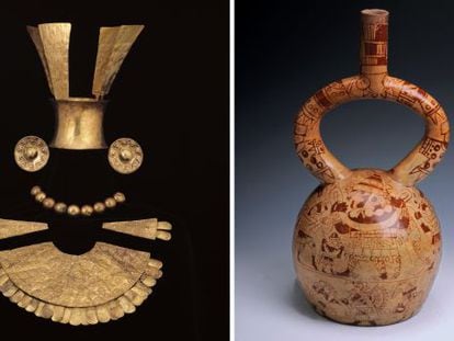 Dos de las piezas que se pueden ver en la exposici&oacute;n sobre los mochicas: Pectoral, corona y orejeras y vasija con decoraci&oacute;n del sacrificio ritual.