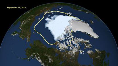 La extensión del hielo en el Ártico el pasado 16 de septiembre, en su mínimo anual, captada por satélite y la marca (en amarillo) de la extensión media mínima desde 1079 hasta 2010.