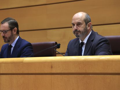 El presidente del Senado, Pedro Rollán (a la derecha), y su vicepresidente, Javier Maroto, ambos del PP, durante el pleno del pasado miércoles.