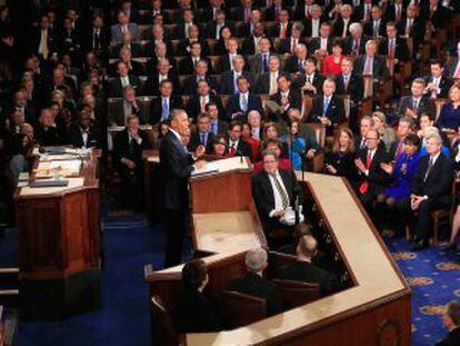 El presidente de EE UU Barack Obama habla durante el debate del Estado de la Uni&oacute;n en enero de 2015. 