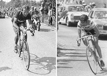 Hugo Koblet (a la izquierda), durante su histórica fuga en Agen y Brive en el Tour de 1950, y Luis Ocaña, en el de 1973.
