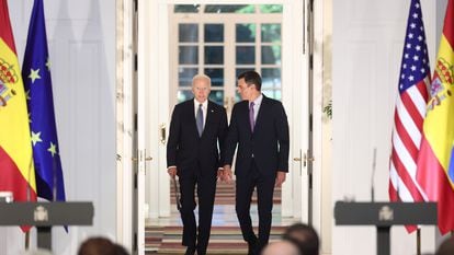 El presidente de Estados Unidos, Joe Biden, y el jefe del Gobierno español, Pedro Sánchez, este martes durante la rueda de prensa conjunta celebrada en La Moncloa.