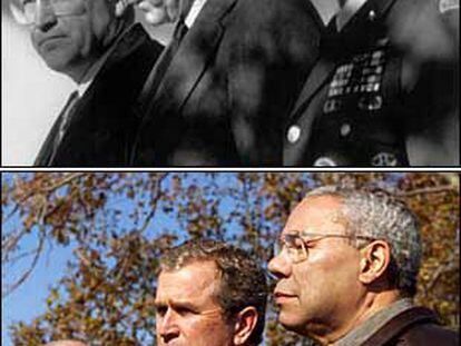 En la imagen de arriba, de febrero de 1991, George Bush aparece escoltado por Dick Cheney y Colin Powell, los mismos acompañantes de George W. Bush (abajo), en enero de 2001.