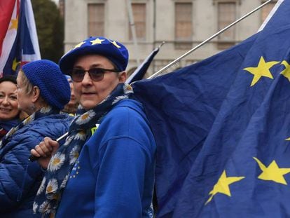 Varias personas se manifiestan en contra del Brexit a las afueras del Parlamento en Londres.