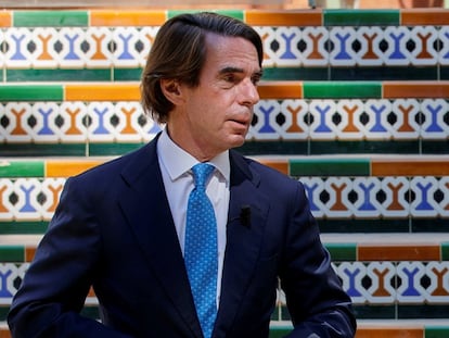 El expresidente del Gobierno José María Aznar, durante su intervención en la convención nacional del PP en Sevilla este jueves. En vídeo, la burla de Aznar hacia López Obrador.