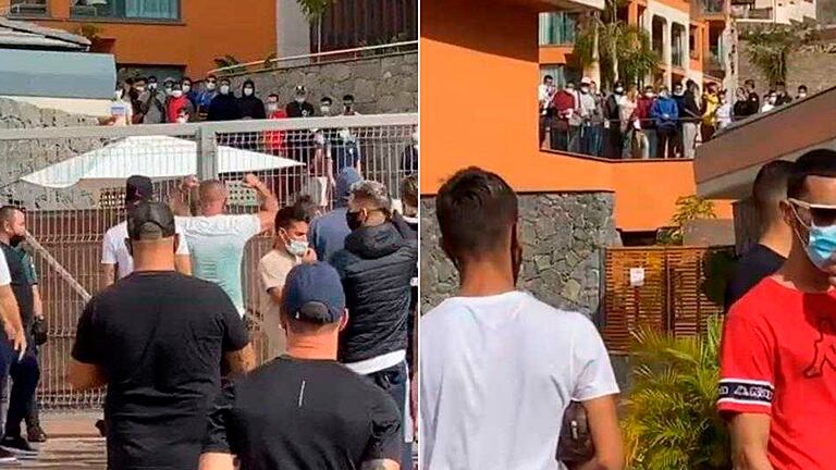 Protesta de vecinos de Mogán ante el hotel de Arguineguín donde se acoge a inmigrantes.