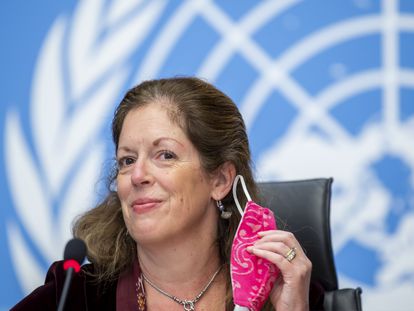 Stephanie Williams, representante de la ONU en Libia, durante la conferencia de prensa celebrada en Ginebra este miércoles, donde anunció los acuerdos alcanzados por las partes rivales libias.