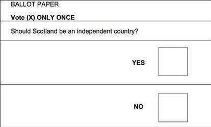 La papeleta de votaci&oacute;n del refer&eacute;ndum por la independencia de Escocia.