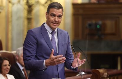 El presidente del Gobierno, Pedro Sánchez, interviene en una sesión plenaria, en el Congreso de los Diputados, este miércoles, en Madrid (España).