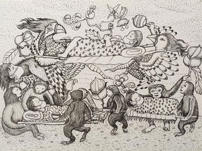 Uno de los cuadros del artista indígena Brus Rubio al carboncillo en el que plasma la tragedia actual de la pandemia y el vínculo entre hombre y naturaleza.