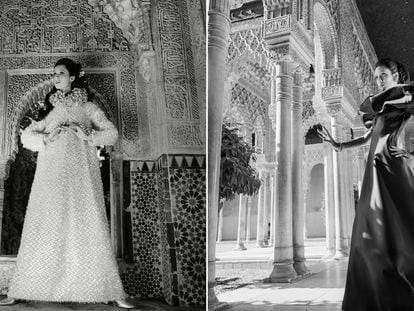 Dos de las creaciones de alta costura española que la sesión fotográfica de la revista 'Vogue' retrató en 1968 en la Alhambra de Granada y que se exhiben en la muestra ‘Henry Clarke y la moda de España bajo el influjo de la Alhambra’.