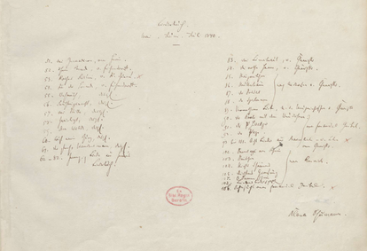 Lista manuscrita de las canciones contenidas en el 'Liederbuch' de Robert Schumann. El ciclo 'Dichterliebe' estaba integrado originalmente por las canciones que llevan los números 62 a 82.