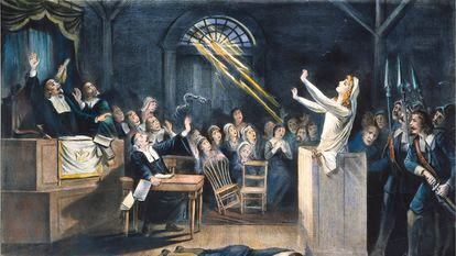A lithography of the Salem witch trials in 1692.