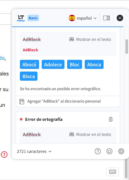 Ejemplo de correcciones sugeridas por LanguageTool.