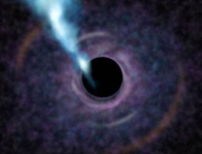 Representación del agujero negro supermasivo en el centro de la galaxia espiral M87. El límite del círculo negro es el horizonte de sucesos.