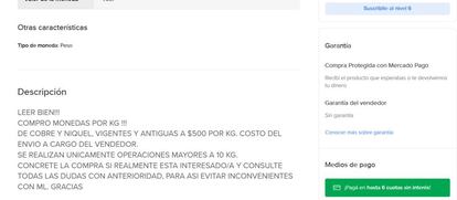 Anuncio de compra de monedas argentinas en Mercado Libre.