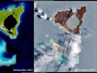Comparación de las imágenes vía satélite de la isla Nomuka en Tonga el 18 de diciembre de 2021 y después de la erupción del volcán Hunga-Tonga Hunga'apai