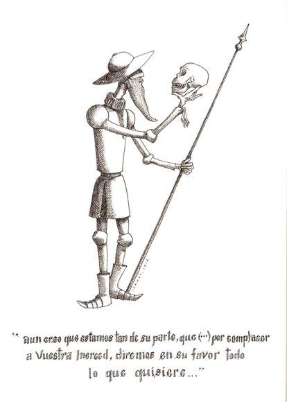 El Quixot vist per Isamat en una il·lustració a tinta (2016).