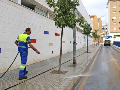 Un trabajador limpia las calles en M&aacute;laga. 