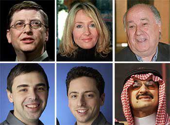 De izquierda a derecha y de arriba abajo, Bill Gates, la escritora J. K. Rowling, el empresario español Amancio Ortega, los fundadores de Google, Larry Page y Sergey Brin, y el príncipe saudí Alwali Bin Talal al Saud.