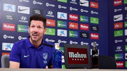 Diego Pablo Simeone, durante la rueda de prensa previa al derbi entre el Atlético y el Real Madrid de este domingo.