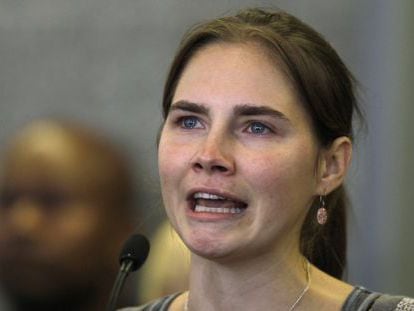 Amanda Knox, en la comparecencia de prensa en el aeropuerto de Seattle.