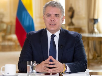 El presidente colombiano, Iván Duque, durante una comparecencia en el Palacio de Nariño en Bogotá.