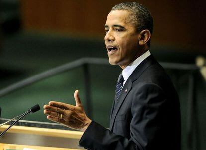 El presidente de Estados Unidos, Barack Obama,pronuncia un discurso durante la Asamblea General de Naciones Unidas.