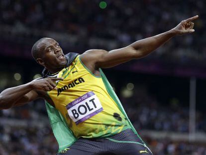 Usain Bolt celebrando su victoria en los 100 metros