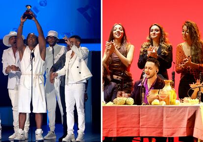 On the left, Yotuel accepts the Song of the Year award during the 22nd Latin Grammy Awards. On the right, the singer C. Tangana during his presentation at the gala.